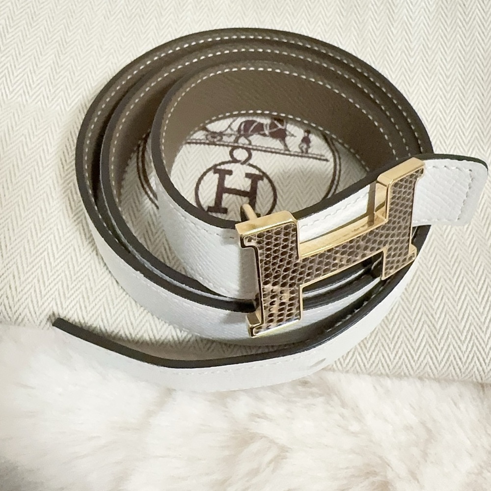 Hermes White Etoupe Epsom Lizard Reversible Belt
